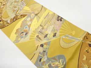 流水扇面に花々・鴛鴦模様織出し袋帯